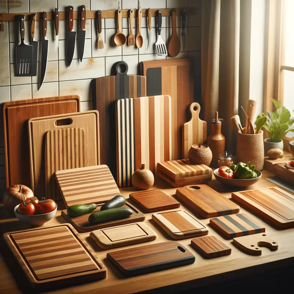 An image of cutting boards on a counter top with multiple kitchen utensil in the background like wooden spoons and kitchen knives.