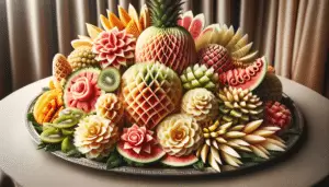 Decorative Fruit Tray with different melon cuts, exhibiting tremendous advanced knife skills.