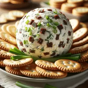 An AI rendering of a homemade cheeseball set on a tray with crackers.