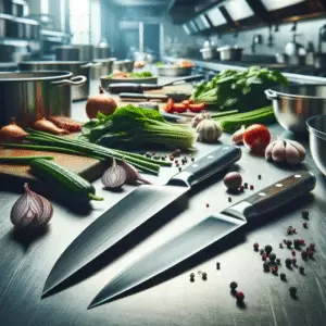 Two knives with different knife blade materials, one stainless and one high carbon steel on a industrial stainless steel countertop.  Different foods surround them ready to be cooked.