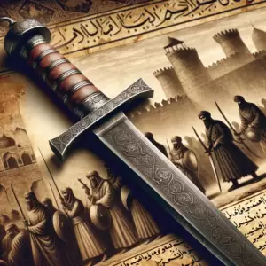 An ancient Damascus steel sword from the Middle East, with intricate patterns on the blade, set against a historical backdrop to illustrate its origins and legendary status in warfare.