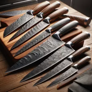 A collection of beautifully crafted Damascus steel kitchen knives, showcasing unique wavy patterns on the blades, displayed elegantly on a wooden kitchen countertop.