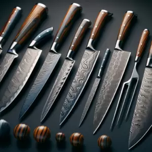 A variety of Damascus steel kitchen knives including a chef's knife, paring knife, Santoku knife, Nakiri knife, bread knife, and a boning knife, each with distinctive Damascus patterns.