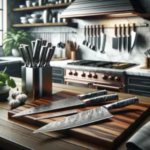 An elegant, professional kitchen setting featuring a Damascus steel knife set, emphasizing the blend of tradition, art, and modern technology in a culinary environment.